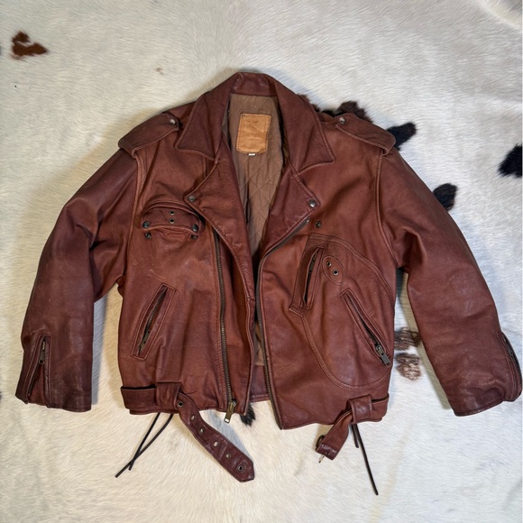 Other - Brown Leather Moto Jacket Lace Up Biker Vintage XL Oversized